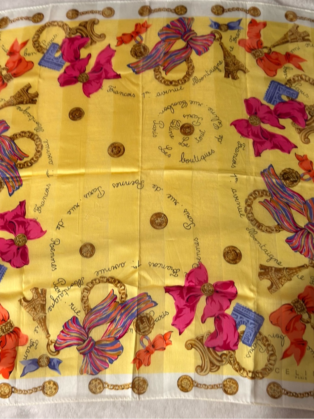 Celine Cotton Handkerchief/Neck scarfYellow Decorative Scarf with Pink Bow Motif